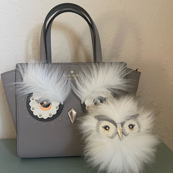 Kate Spade Gray Owl Design Handbag & Owl Keychain - Picture 2 of 10